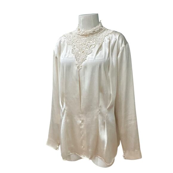 Vintage Pierre Cardin Ivory Satin Blouse Lace High Neck Victorian Romantic XL - - Picture 1 of 5